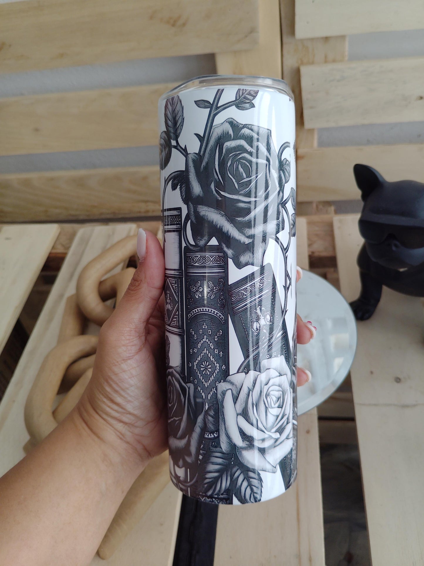 Black & White Gothic Book Rose Tumbler | 20oz Dark Academia Cup