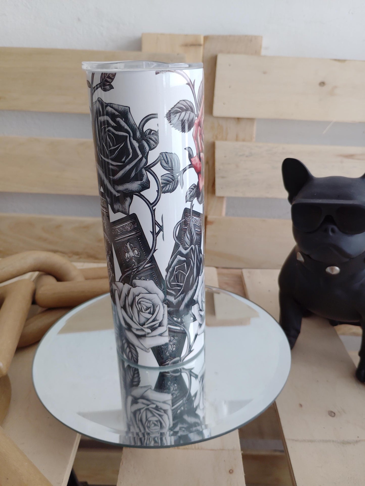 Black & White Gothic Book Rose Tumbler | 20oz Dark Academia Cup