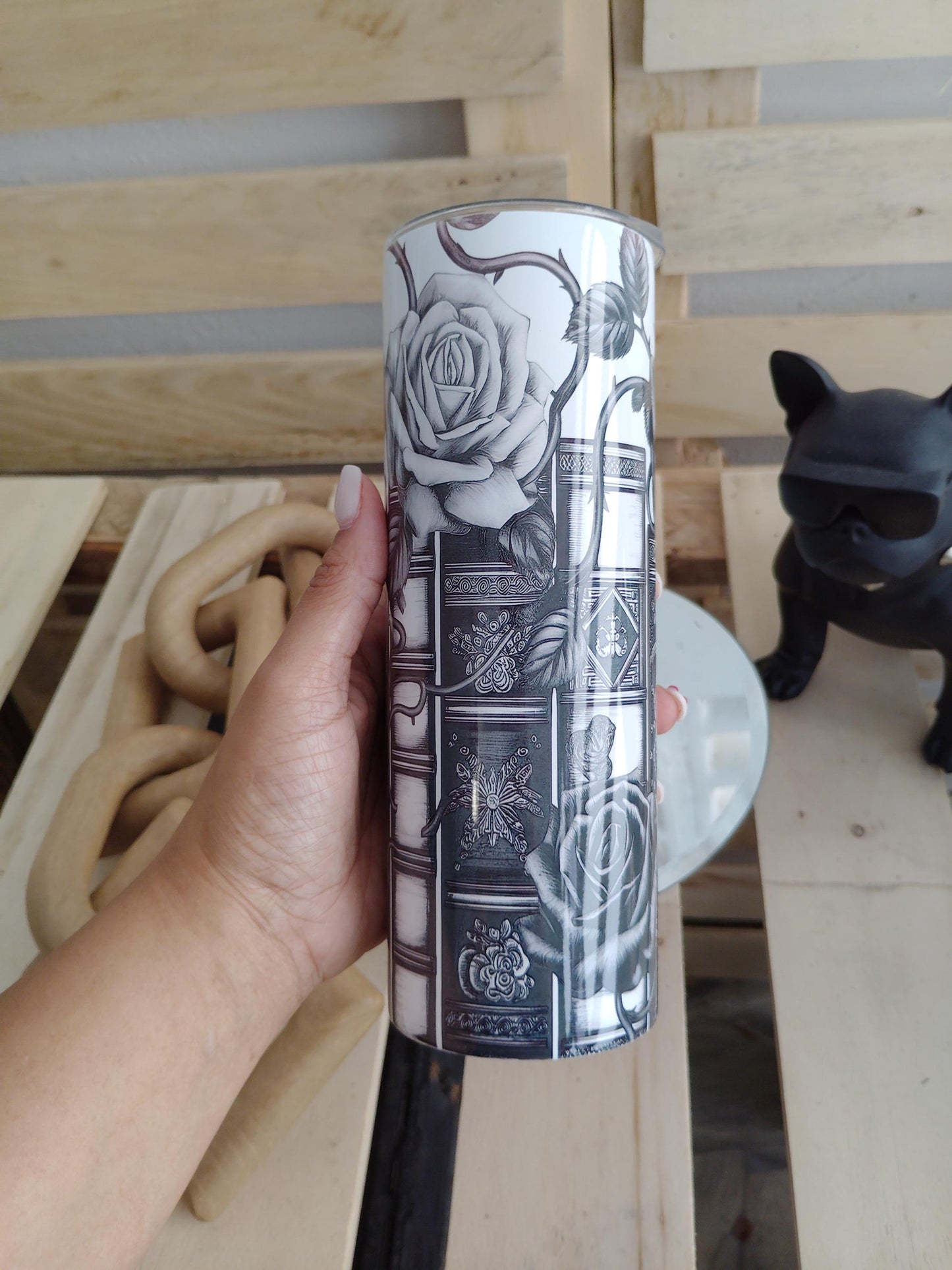 Black & White Gothic Book Rose Tumbler | 20oz Dark Academia Cup