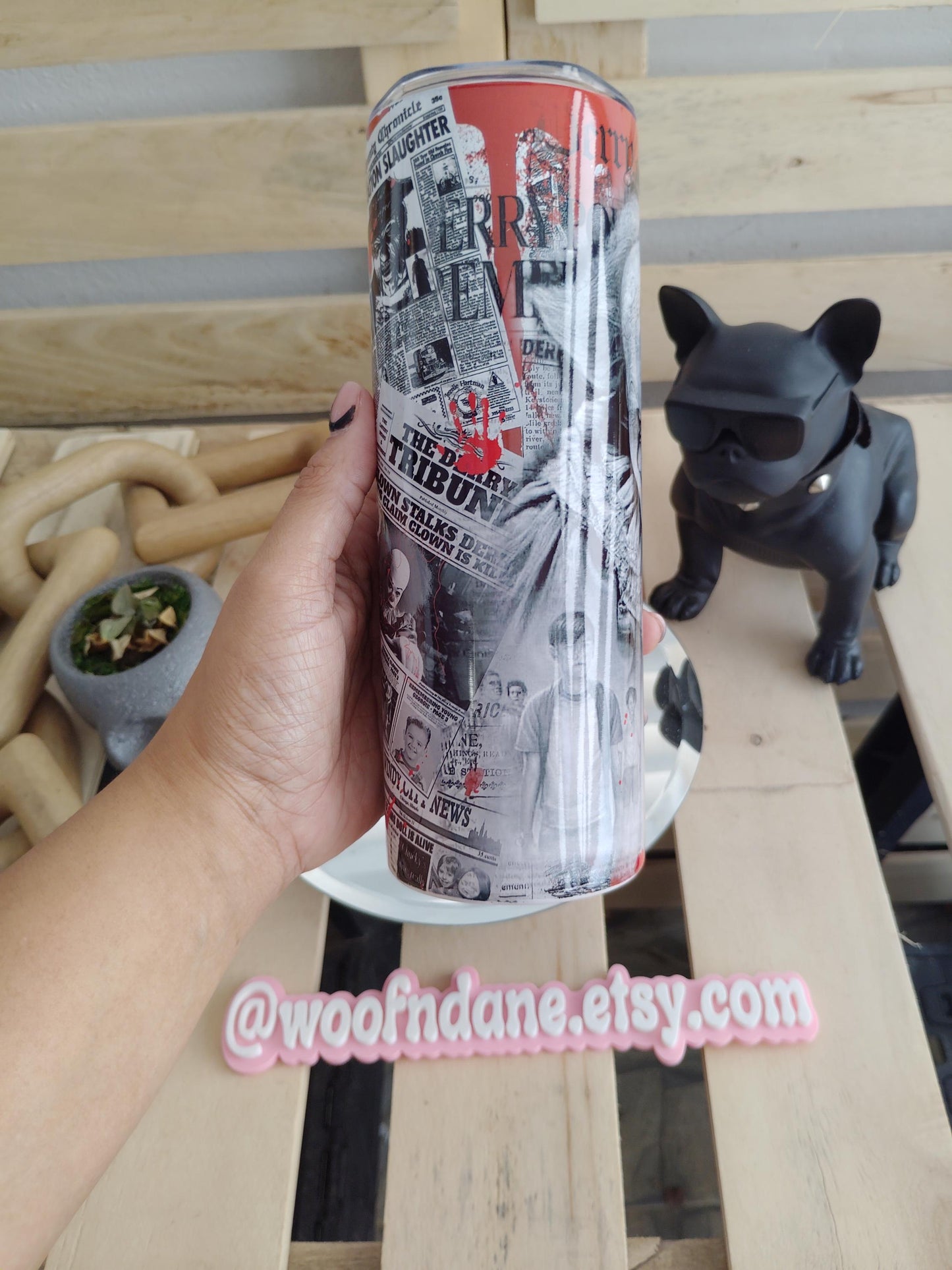Pennywise Horror Tumbler – IT Inspired 20oz Skinny Cup with Bloody Newspaper Design