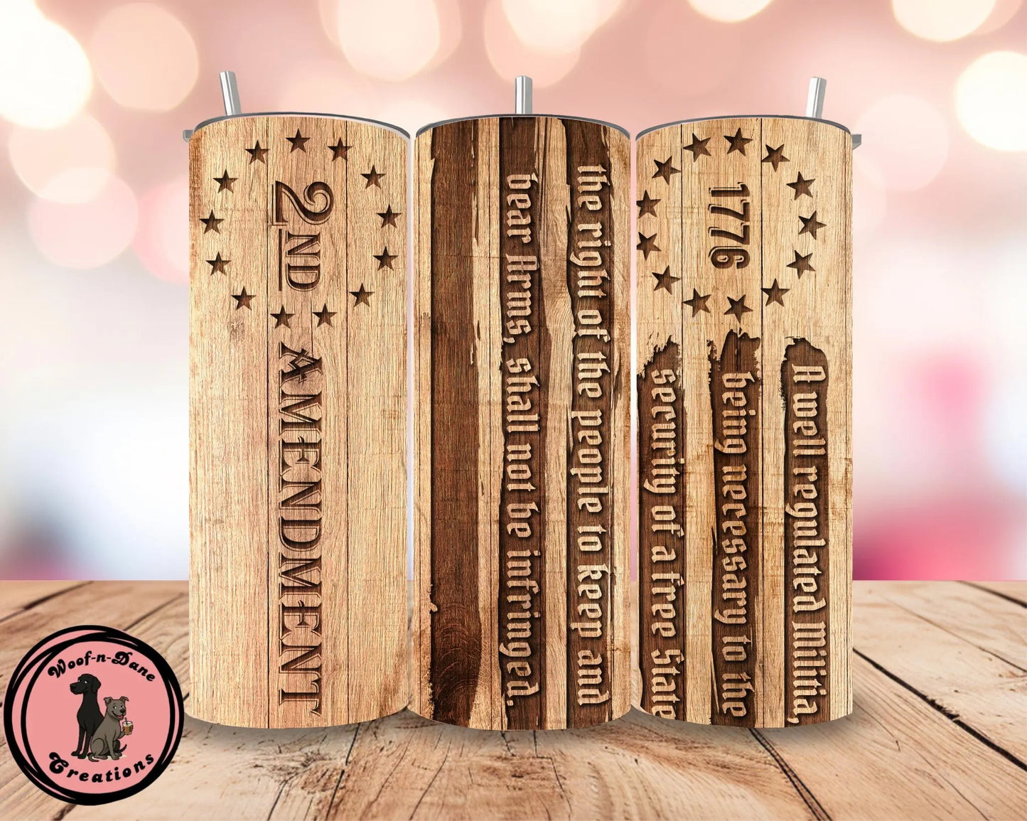 Engraved 2nd Amendment Tumbler | 20oz Rustic Wood Look Cup | Patriotic 1776 Design