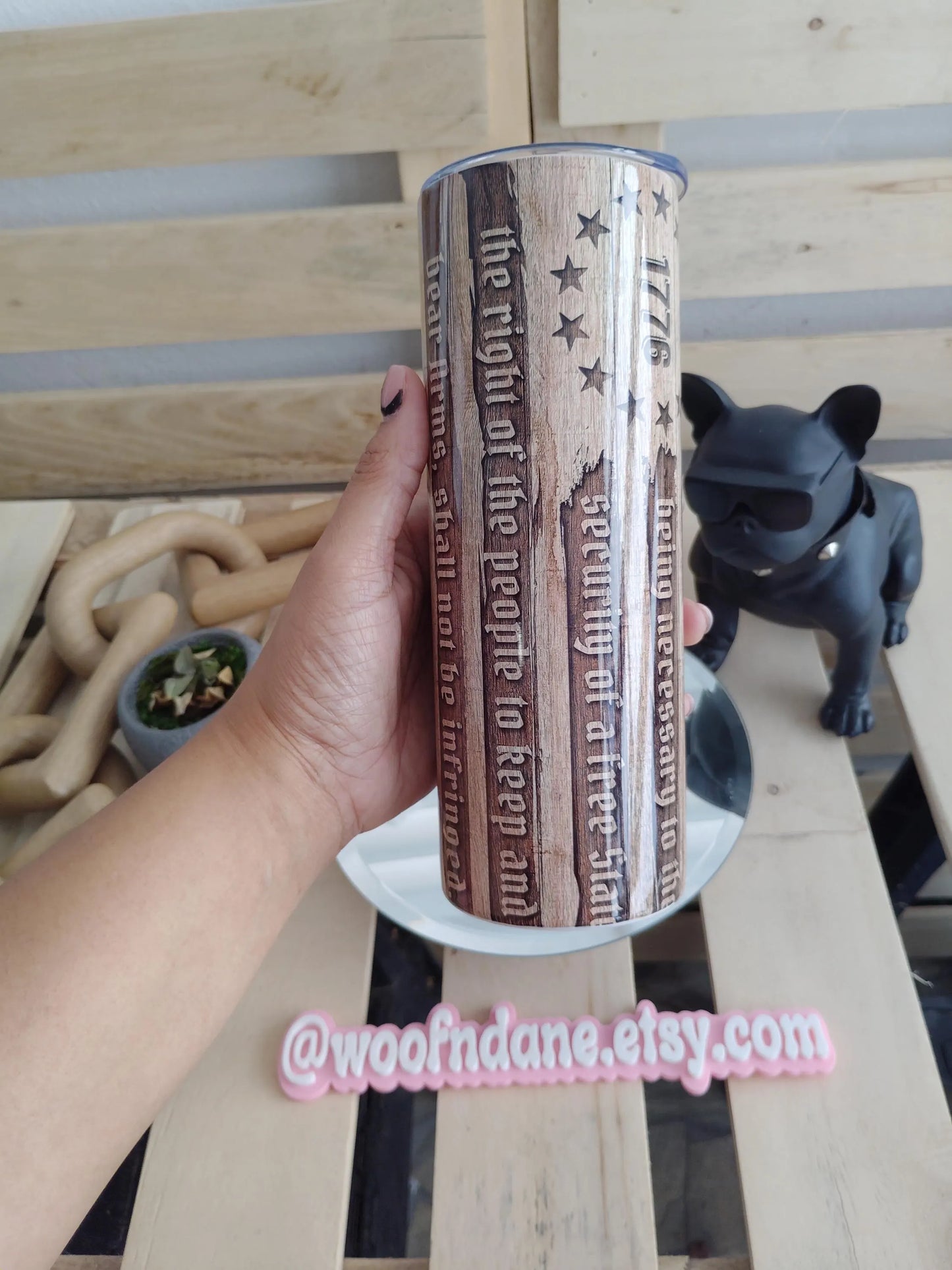 Engraved 2nd Amendment Tumbler | 20oz Rustic Wood Look Cup | Patriotic 1776 Design