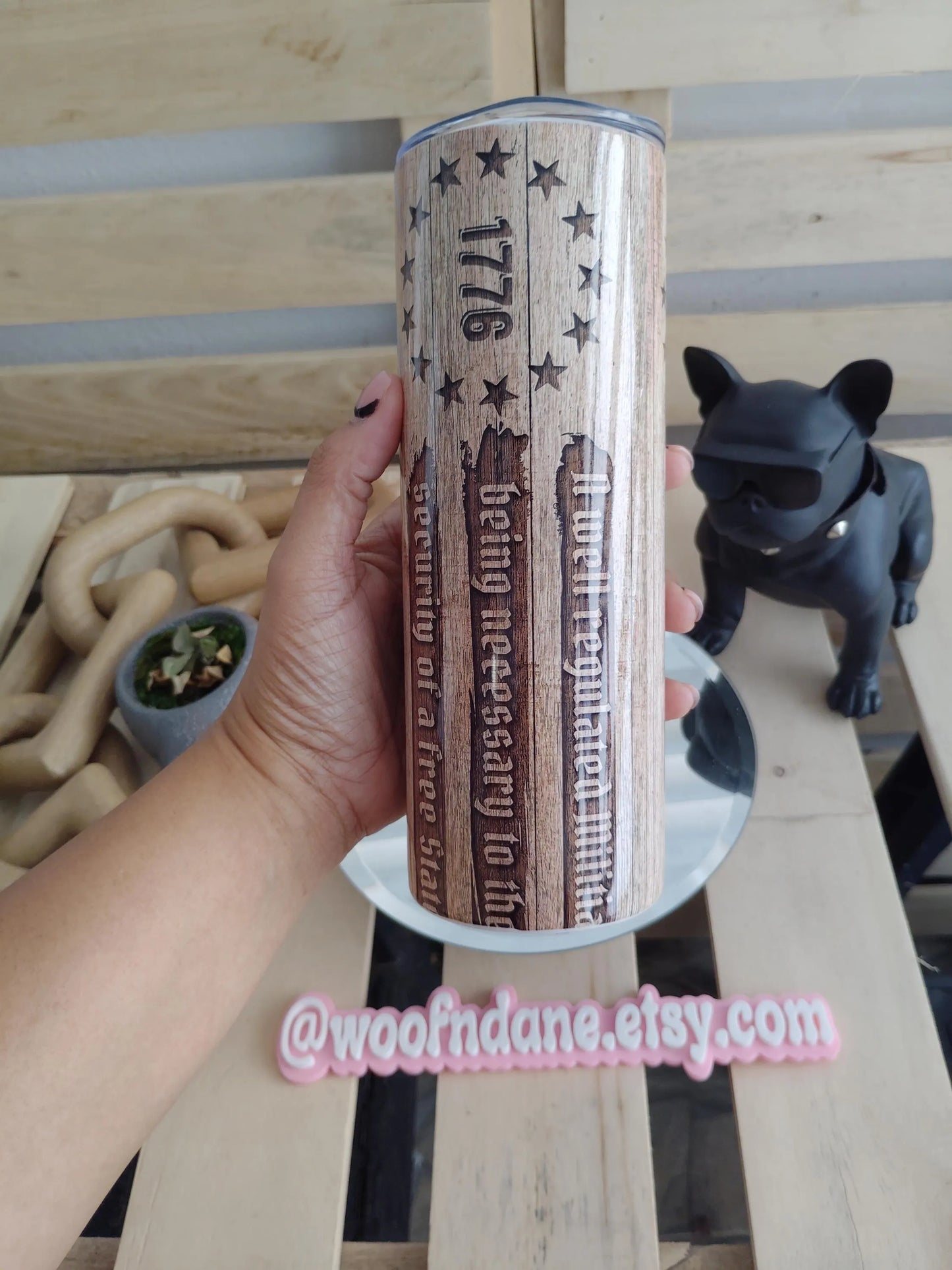 Engraved 2nd Amendment Tumbler | 20oz Rustic Wood Look Cup | Patriotic 1776 Design