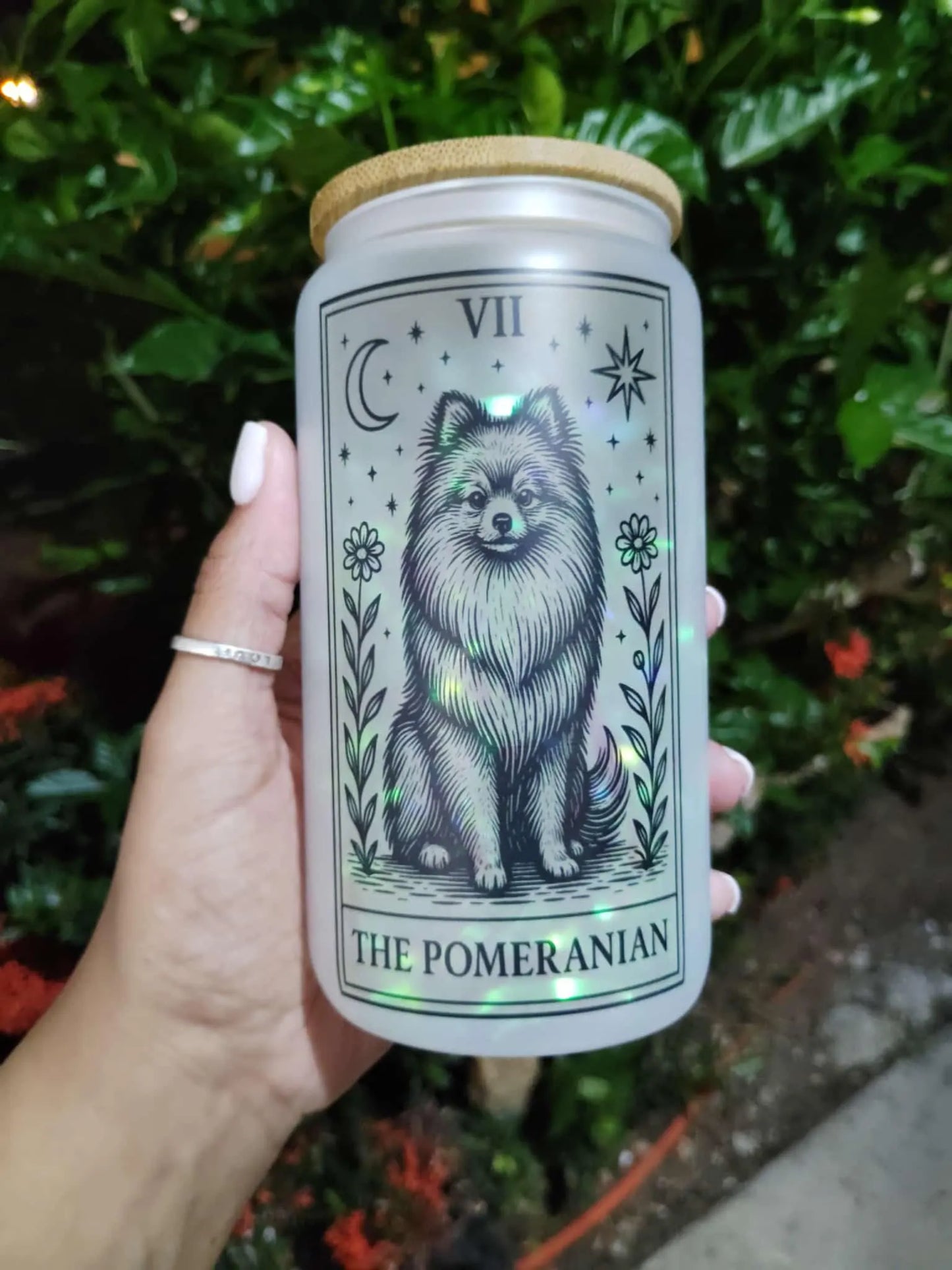Dog Tarot Glass Can: Frosted Iced Coffee Cup with Bamboo Lid