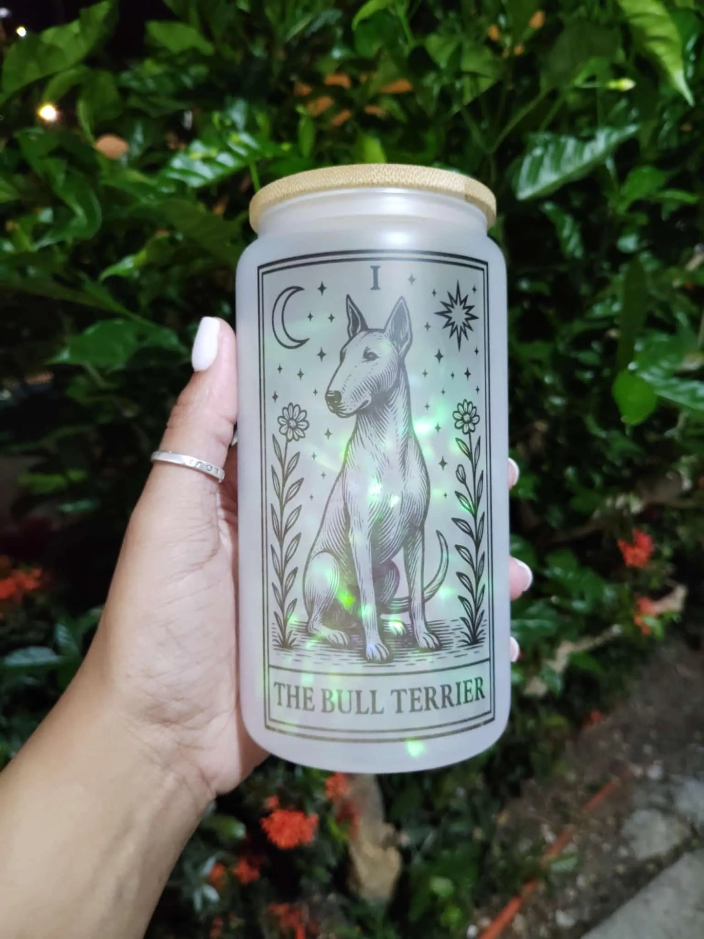 Dog Tarot Glass Can: Frosted Iced Coffee Cup with Bamboo Lid