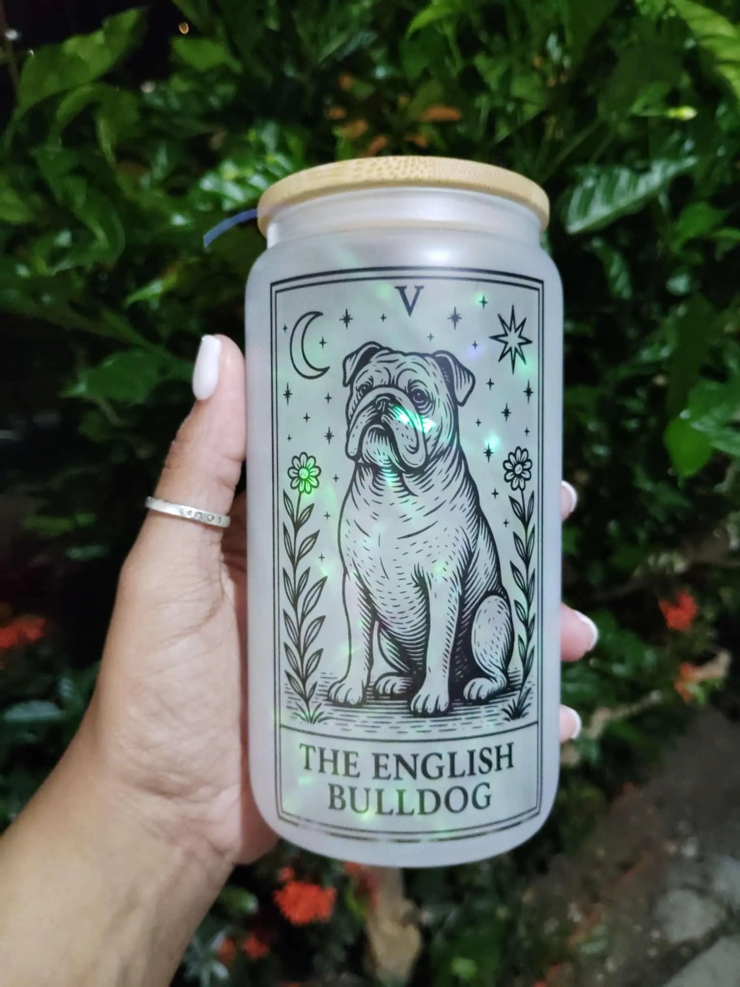 Dog Tarot Glass Can: Frosted Iced Coffee Cup with Bamboo Lid