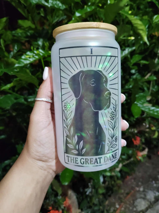 Dog Tarot Glass Can: Frosted Iced Coffee Cup with Bamboo Lid