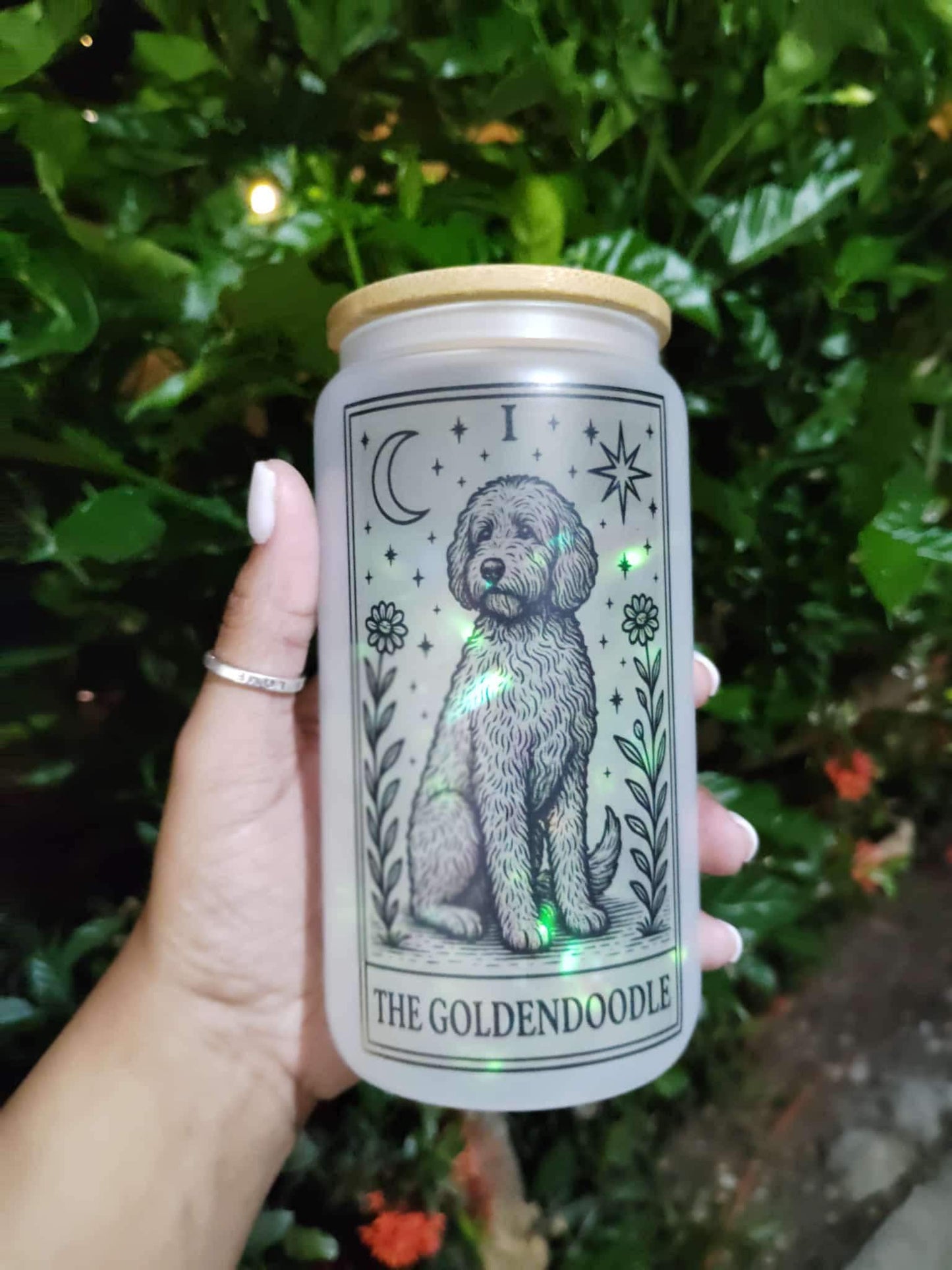 Dog Tarot Glass Can: Frosted Iced Coffee Cup with Bamboo Lid