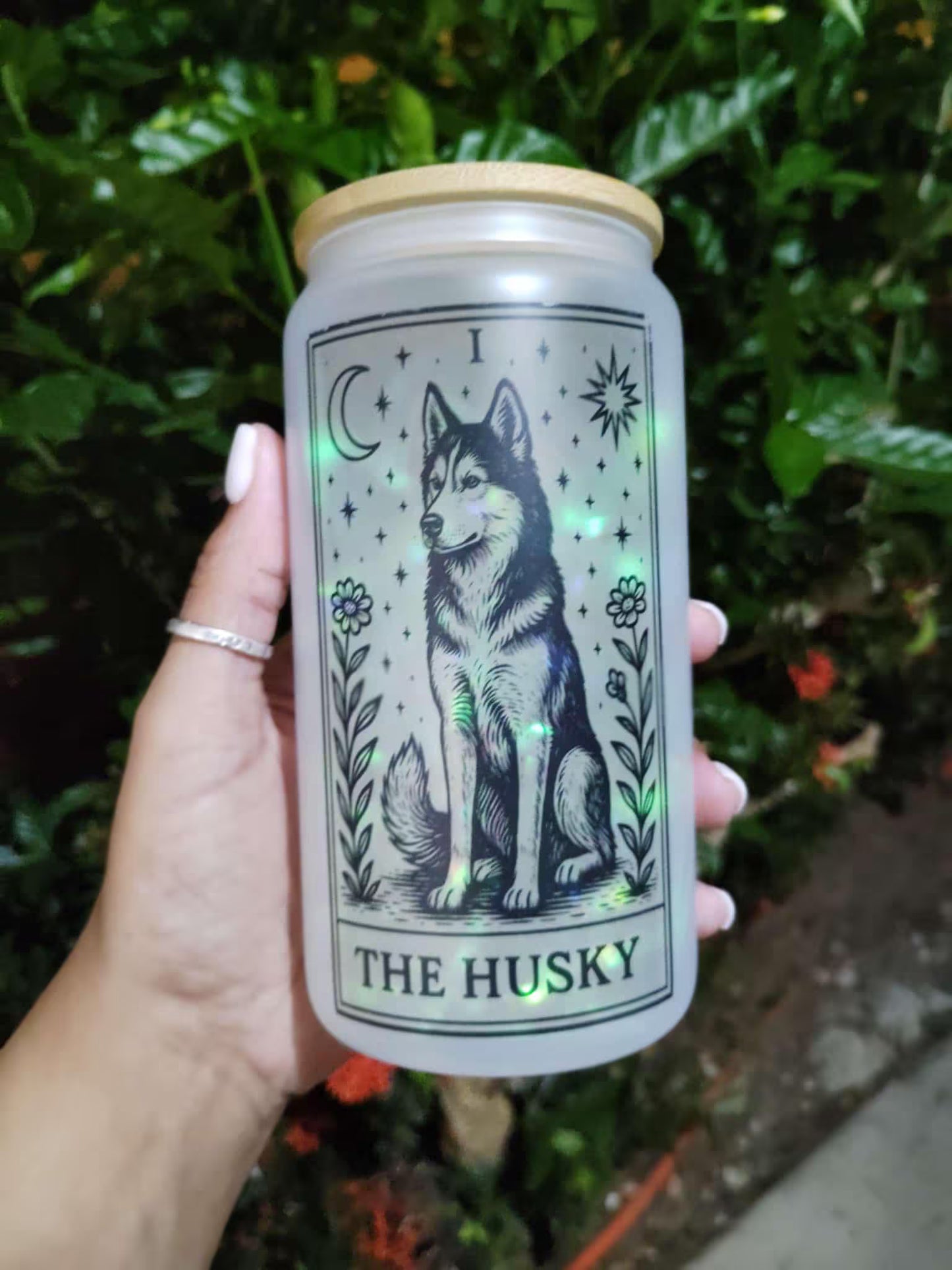 Dog Tarot Glass Can: Frosted Iced Coffee Cup with Bamboo Lid