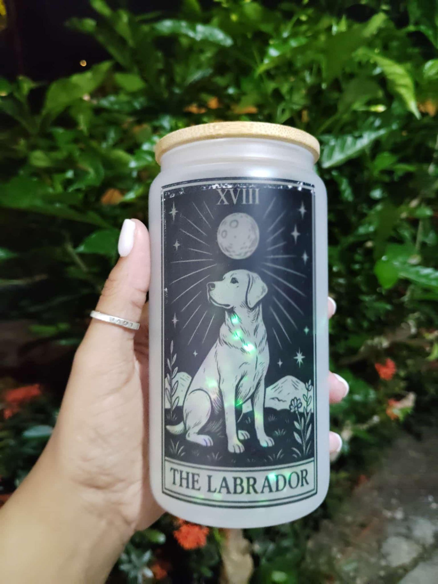 Dog Tarot Glass Can: Frosted Iced Coffee Cup with Bamboo Lid