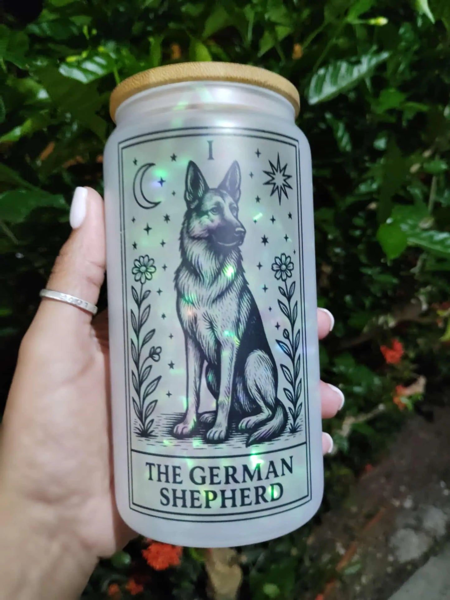 Dog Tarot Glass Can: Frosted Iced Coffee Cup with Bamboo Lid