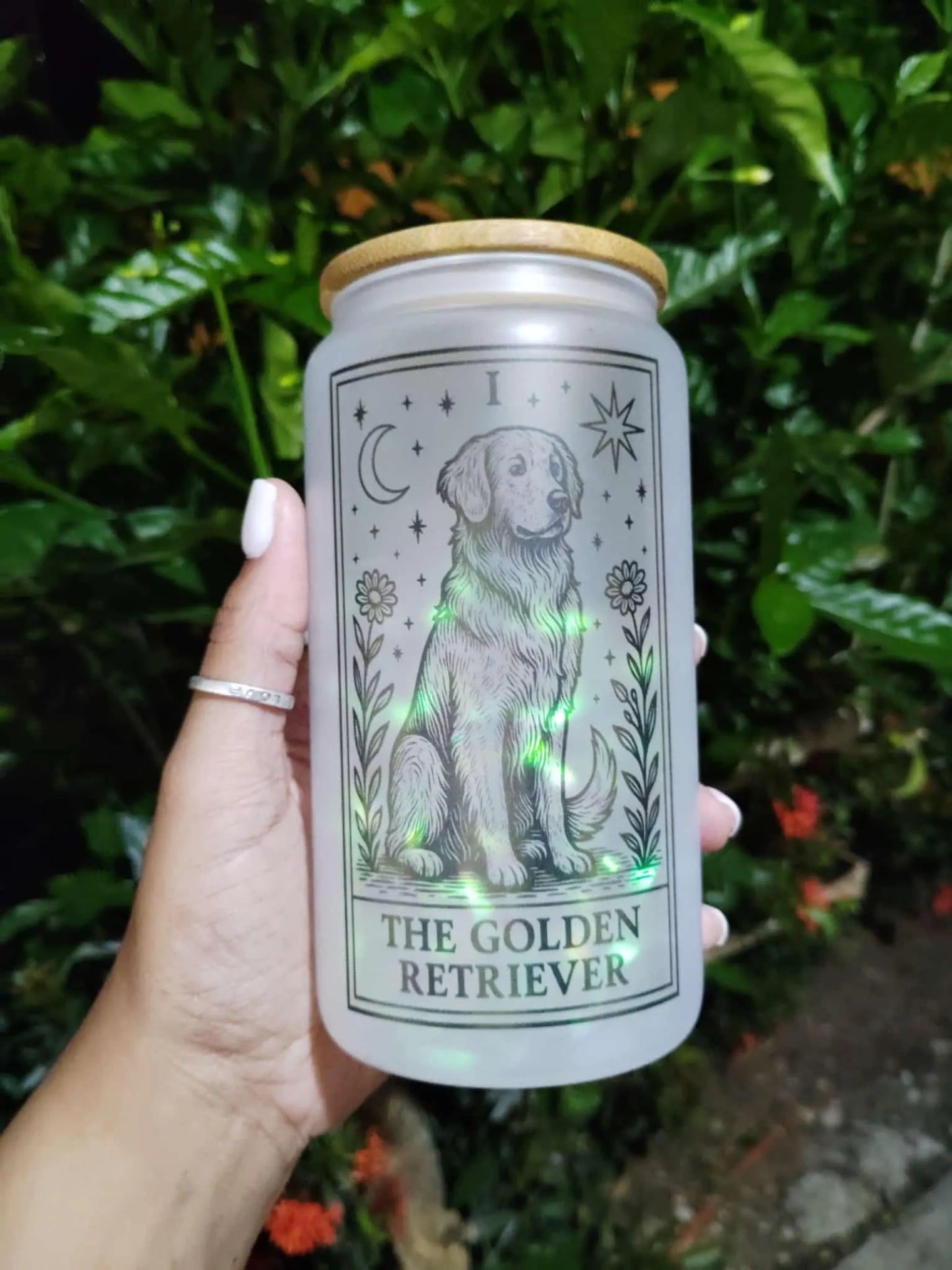 Dog Tarot Glass Can: Frosted Iced Coffee Cup with Bamboo Lid