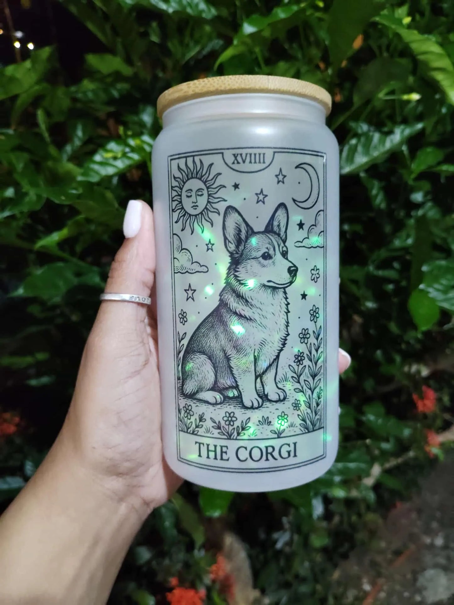 Dog Tarot Glass Can: Frosted Iced Coffee Cup with Bamboo Lid