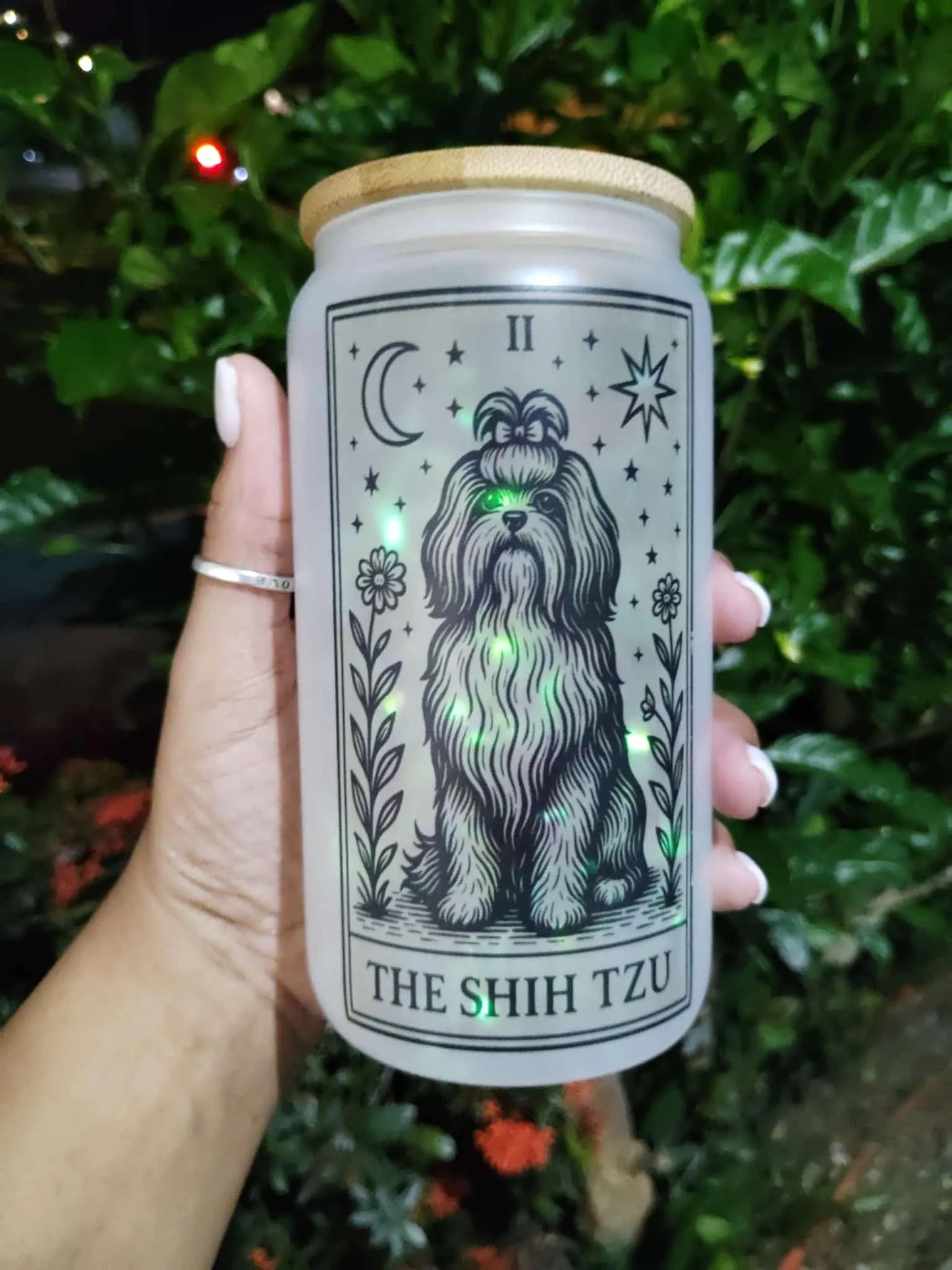 Dog Tarot Glass Can: Frosted Iced Coffee Cup with Bamboo Lid