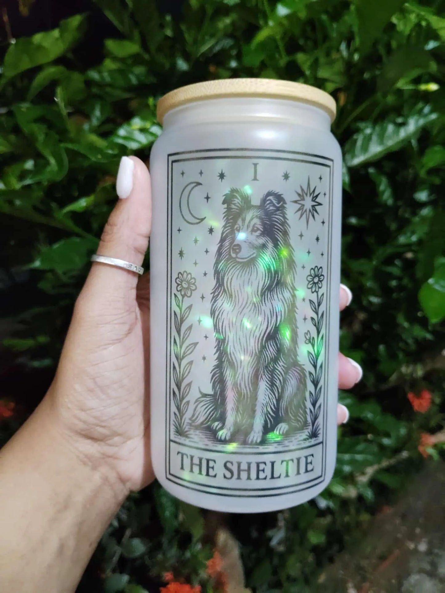 Dog Tarot Glass Can: Frosted Iced Coffee Cup with Bamboo Lid