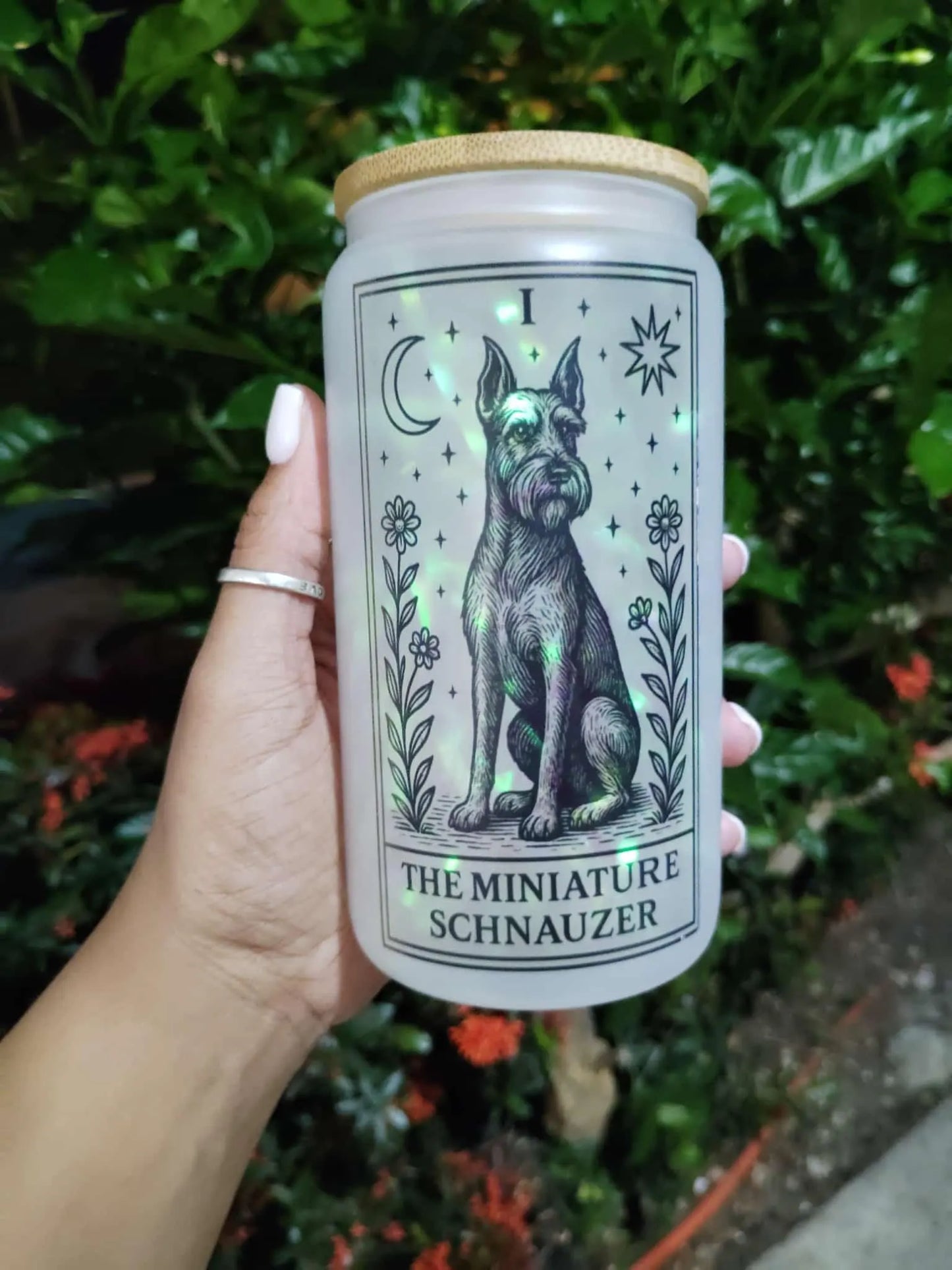 Dog Tarot Glass Can: Frosted Iced Coffee Cup with Bamboo Lid
