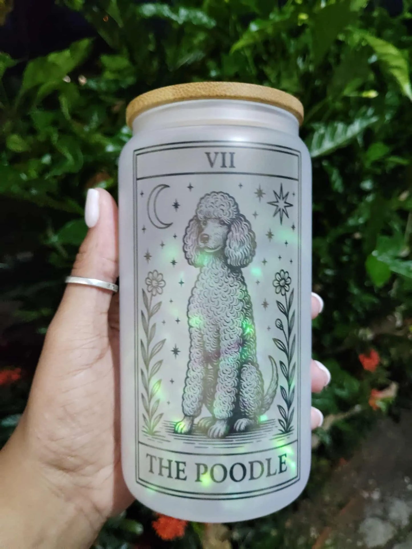 Dog Tarot Glass Can: Frosted Iced Coffee Cup with Bamboo Lid