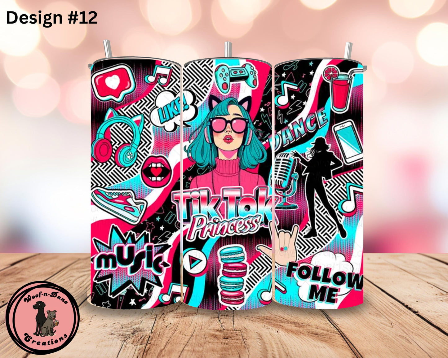 TikTok Influencer Tumbler: Neon Social Media Design, Stainless Steel Straw