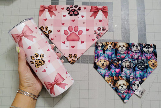 Coquette Pup Tumbler & Matching Bandana Set – Pink Paw Print and Hoodie Dog Vibes