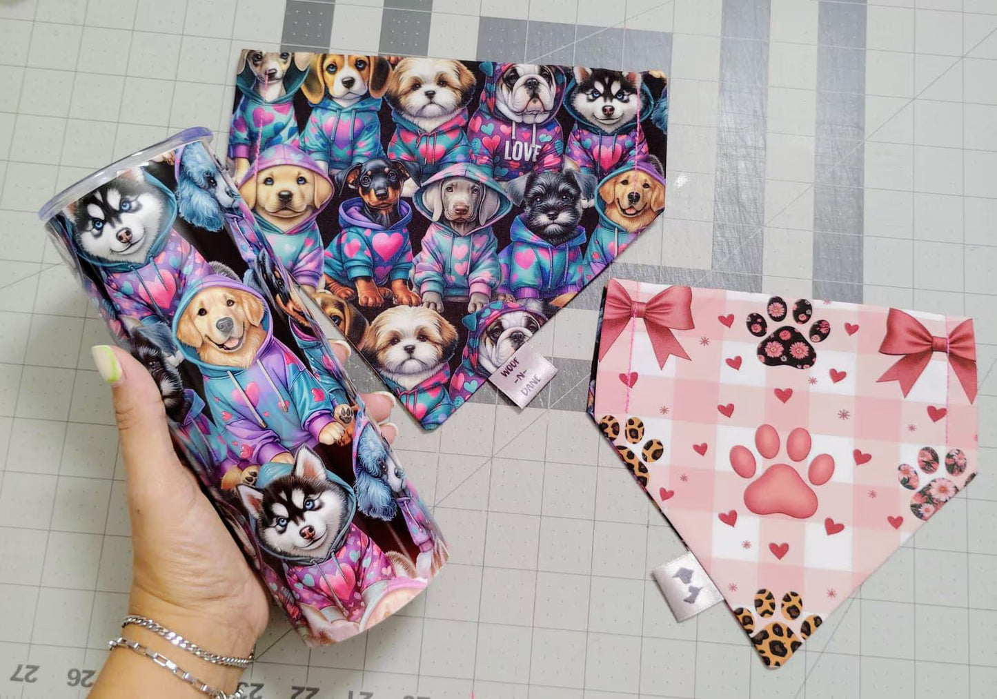 Coquette Pup Tumbler & Matching Bandana Set – Pink Paw Print and Hoodie Dog Vibes
