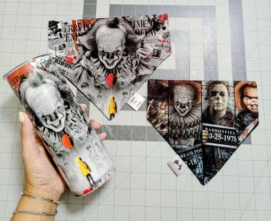 Horror Movie Reversible Dog Bandana: Pennywise, Michael Myers (Optional Tumbler Wrap)