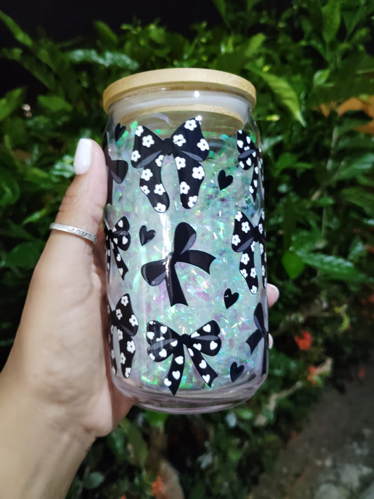 Black Coquette Bow 16oz Glass Can