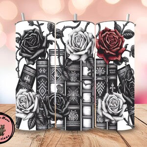Black & White Gothic Book Rose Tumbler | 20oz Dark Academia Cup