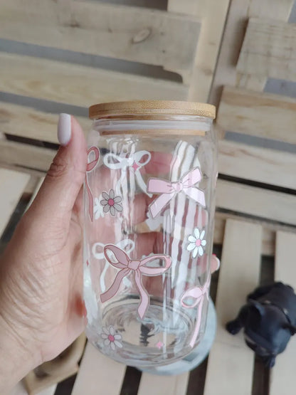 Coquette Glass Can Tumbler: Pink Bows & Flowers - 16OZ