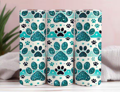 Teal Glitter Paw Print Tumbler – 20oz Skinny Stainless Steel Cup