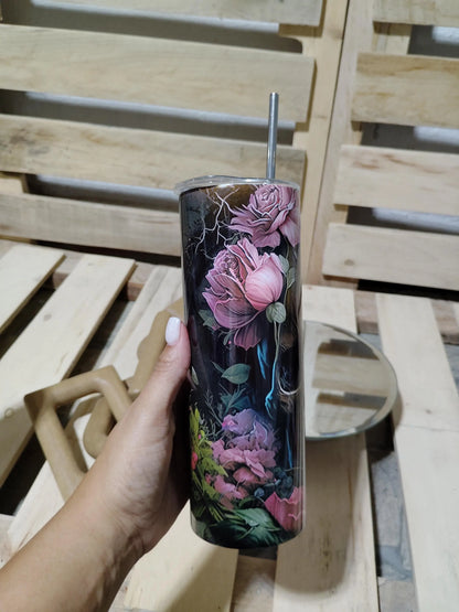Floral Skull Tumbler: Gothic Roses Stainless Steel Cup