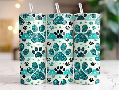 Teal Glitter Paw Print Tumbler – 20oz Skinny Stainless Steel Cup