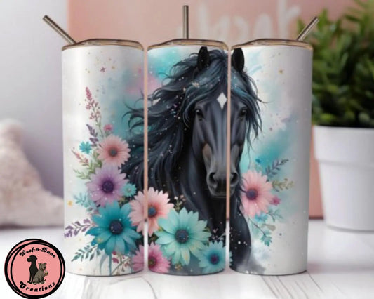 Black Horse Floral Tumbler: 20oz Insulated Stainless Steel Cup