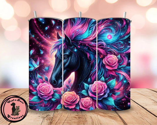 Galaxy Horse Tumbler: Cosmic Flowers & Butterflies, 20oz Stainless Steel