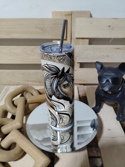 Tribal Horse Tumbler: Western Boho Feather Art, 20oz Cup