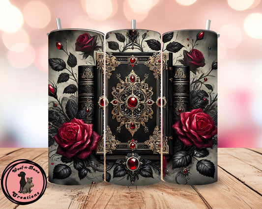 Gothic Rose & Jeweled Book Tumbler | 20oz Dark Fantasy Cup