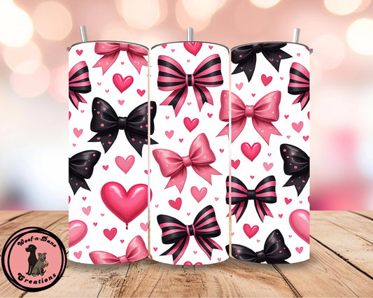 Coquette Bow Tumbler: Pink & Black Hearts, 20oz Skinny Cup