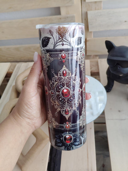Gothic Rose & Jeweled Book Tumbler | 20oz Dark Fantasy Cup
