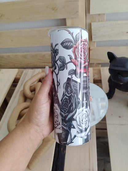 Black & White Gothic Book Rose Tumbler | 20oz Dark Academia Cup