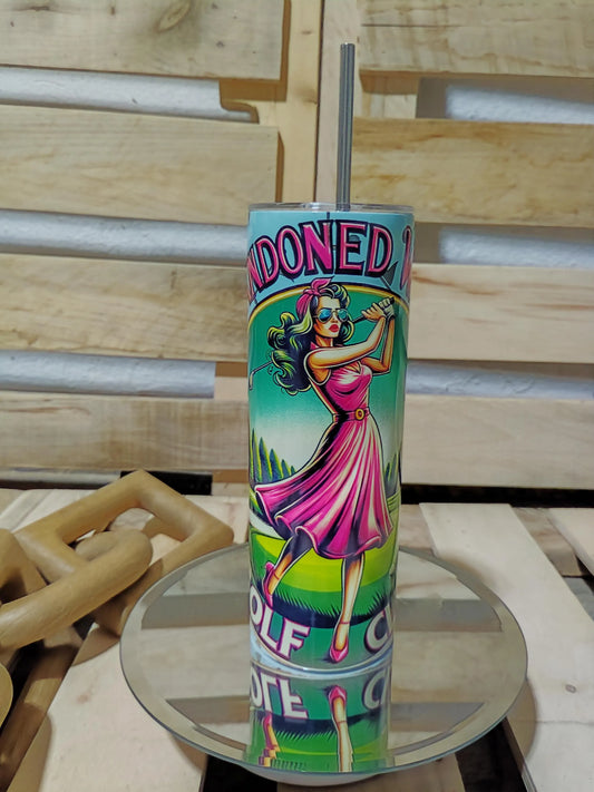 Abandoned Wives Golf Club Tumbler: Retro Pink Golf Lady 20oz Skinny Cup