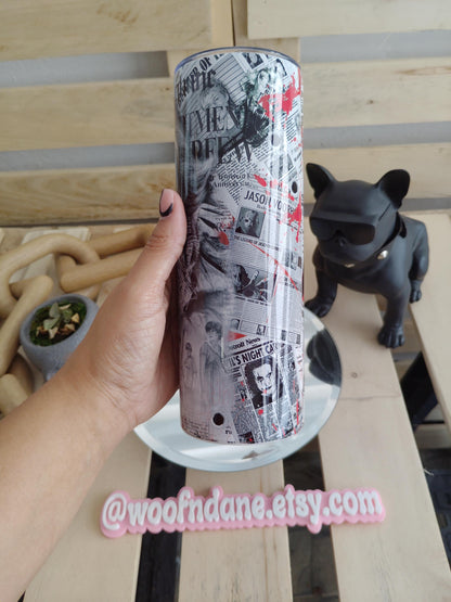 Pennywise Horror Tumbler – IT Inspired 20oz Skinny Cup with Bloody Newspaper Design