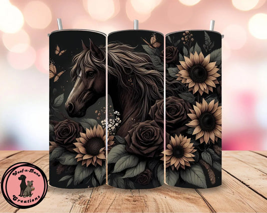 Horse Tumbler with Sunflowers | 20oz Dark Western Floral Cup | Rustic Cowgirl Gift