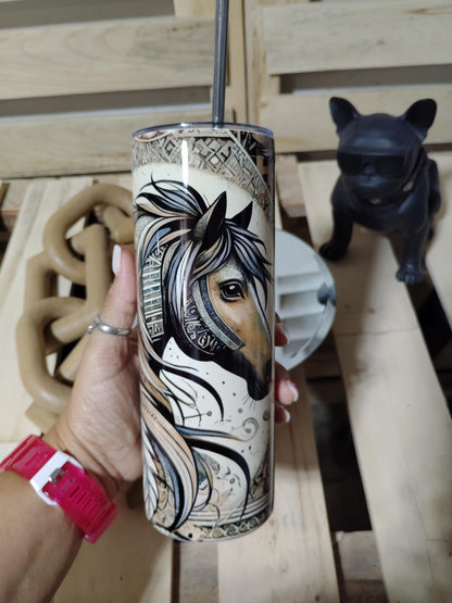 Tribal Horse Tumbler: Western Boho Feather Art, 20oz Cup