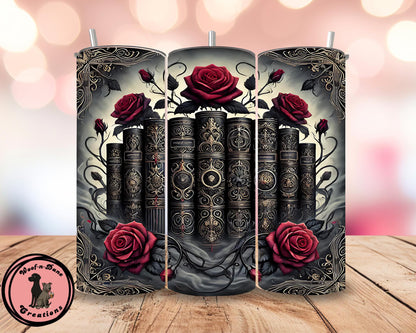 Gothic Bookstack & Roses Tumbler | Dark Academia 20oz Stainless Steel Cup