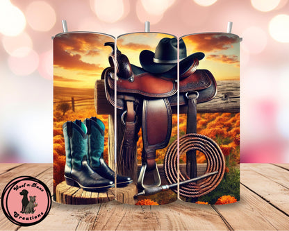 Western Cowboy Saddle Tumbler: Boots & Hat, 20oz Insulated Tumbler