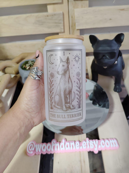 Dog Tarot Glass Can: Frosted Iced Coffee Cup with Bamboo Lid