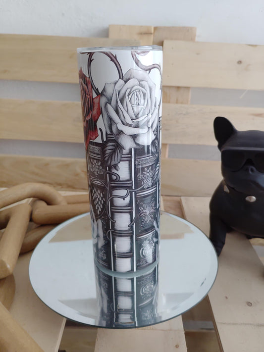 Black & White Gothic Book Rose Tumbler | 20oz Dark Academia Cup