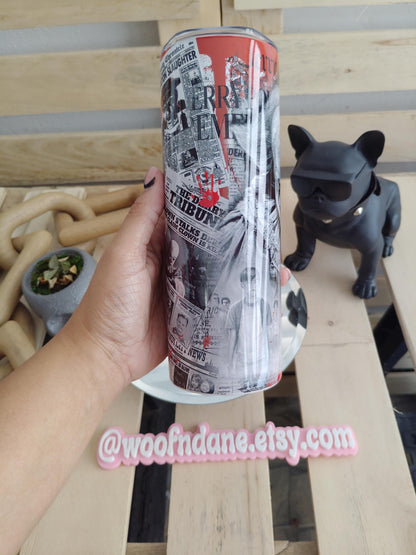 Pennywise Horror Tumbler – IT Inspired 20oz Skinny Cup with Bloody Newspaper Design