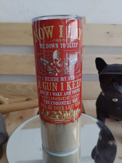 Gun I Keep Tumbler | 20oz Red & Brass Skull Cup | 2A Home Defense Poem