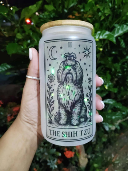 Dog Tarot Glass Can: Frosted Iced Coffee Cup with Bamboo Lid