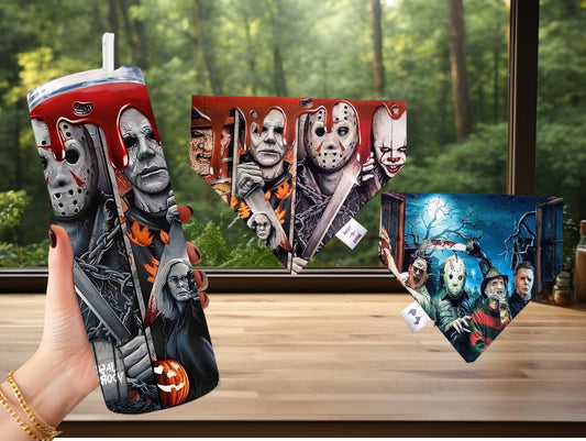 Horror Movie Dog Bandana & Tumbler Set: Reversible Halloween Pup Bandana